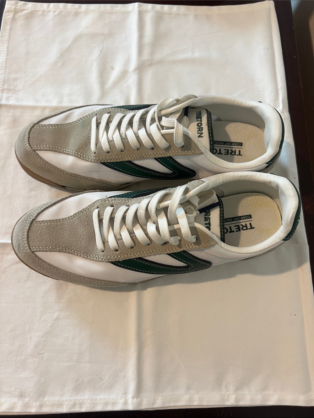 Tretorn White Sneakers with Green Stripes and Gray Suede Trim